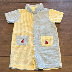 Baby UR it Blue/Yellow with Red Sailboats Seersucker One-Piece Romper